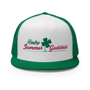 "Lucky Irish" Embroidered Mesh Snapback Trucker Hat, Green & White (Adjustable Size)