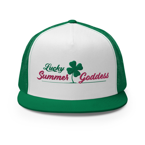 "Lucky Irish" Embroidered Mesh Snapback Trucker Hat, Green & White (Adjustable Size)