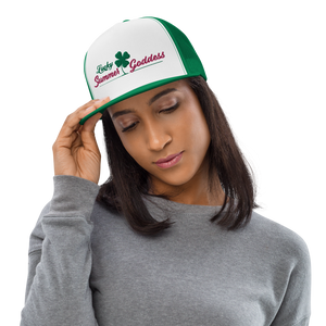 "Lucky Irish" Embroidered Mesh Snapback Trucker Hat, Green & White (Adjustable Size)