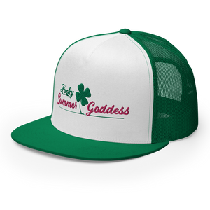 "Lucky Irish" Embroidered Mesh Snapback Trucker Hat, Green & White (Adjustable Size)