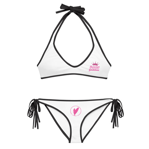 'Surf Queen' 2-Piece White Bikini Top & Bottom Set, Black or White Straps (All Sizes)