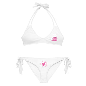 'Surf Queen' 2-Piece White Bikini Top & Bottom Set, Black or White Straps (All Sizes)