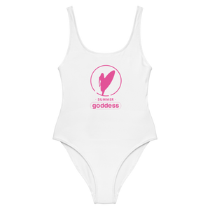 'Circled Surfer' One-Piece White Scoop Back Swimsuit (All Sizes)