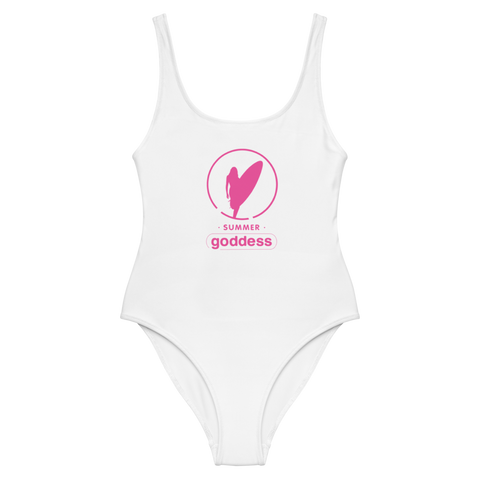 'Circled Surfer' One-Piece White Scoop Back Swimsuit (All Sizes)