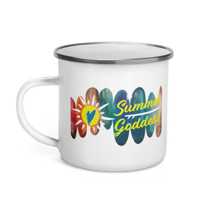 'Surfboards' Enamel Outdoor Camping Mug, White with Silver Rim (12 Oz.)