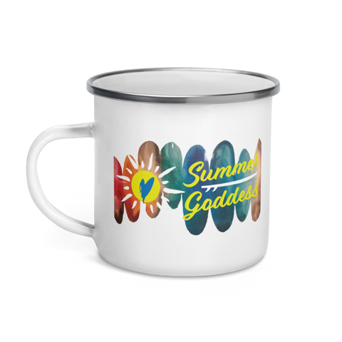 'Surfboards' Enamel Outdoor Camping Mug, White with Silver Rim (12 Oz.)