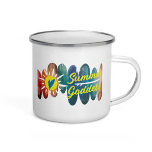 'Surfboards' Enamel Outdoor Camping Mug, White with Silver Rim (12 Oz.)