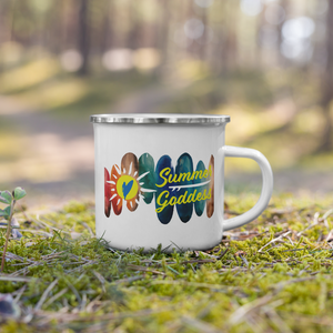 'Surfboards' Enamel Outdoor Camping Mug, White with Silver Rim (12 Oz.)