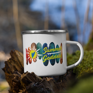 'Surfboards' Enamel Outdoor Camping Mug, White with Silver Rim (12 Oz.)