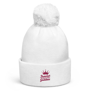 'Surf Queen' Embroidered White Pom Pom Beanie (One Size)