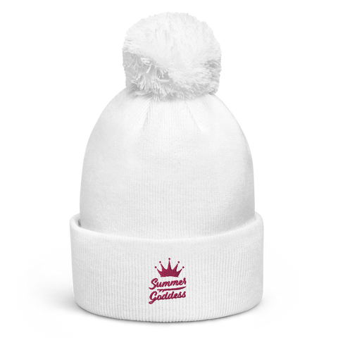 'Surf Queen' Embroidered White Pom Pom Beanie (One Size)