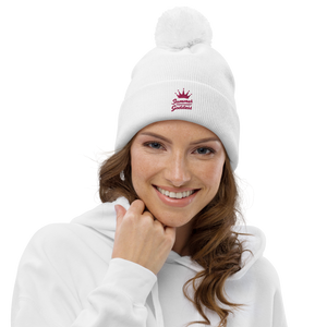 'Surf Queen' Embroidered White Pom Pom Beanie (One Size)