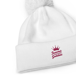 'Surf Queen' Embroidered White Pom Pom Beanie (One Size)