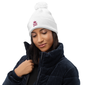 'Surf Queen' Embroidered White Pom Pom Beanie (One Size)